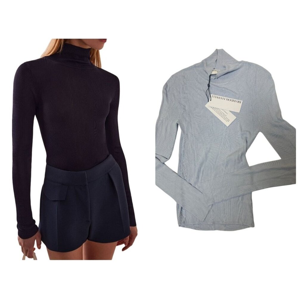 Brandon Maxwell The Cooper Ribbed-Knit Turtleneck Sweater Blue NWT